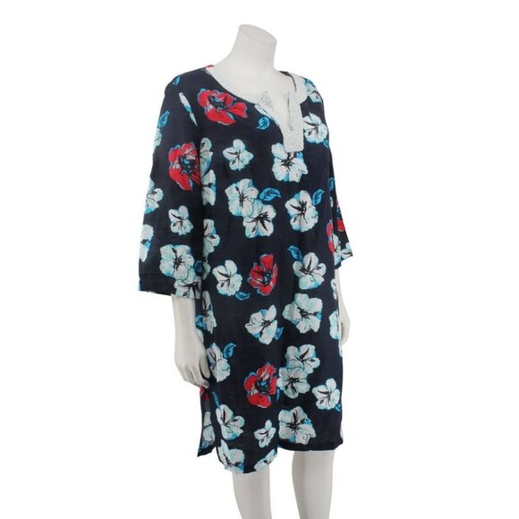 Talbots Blue Hibiscus Floral Beaded V-Neck Caftan Tunic Linen Dress Size L - Picture 3 of 7